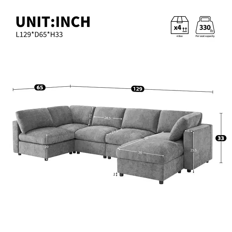 GDFStudio Hudson Canapé modulable d'angle 6 places moderne en chenille convertible en lit en forme de U avec pouf