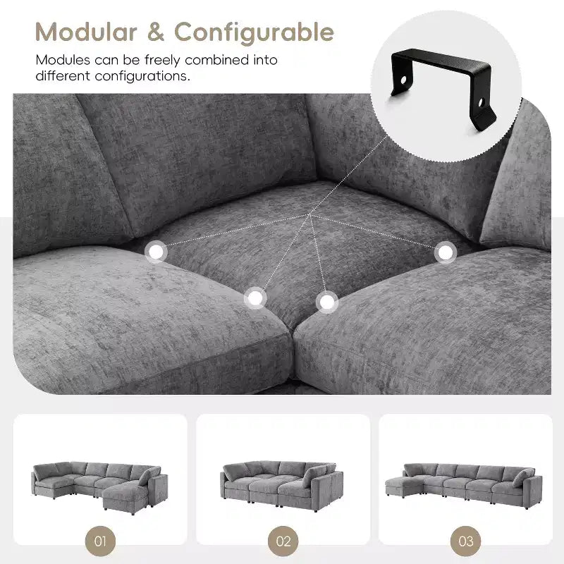 GDFStudio Hudson Canapé modulable d'angle 6 places moderne en chenille convertible en lit en forme de U avec pouf