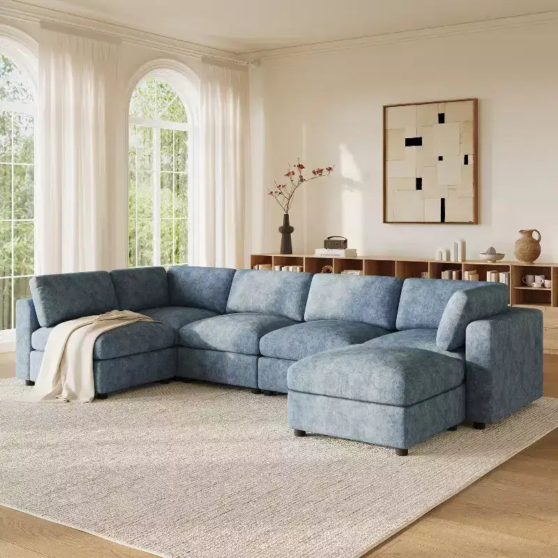 GDFStudio Hudson Canapé modulable d'angle 6 places moderne en chenille convertible en lit en forme de U avec pouf