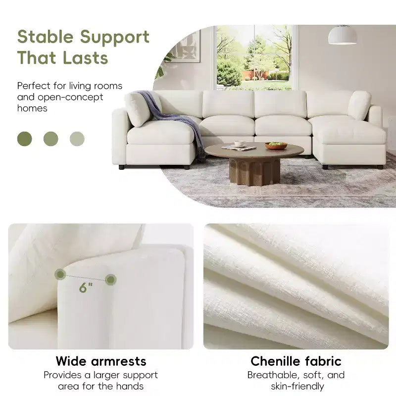 GDFStudio Hudson Canapé modulable d'angle 6 places moderne en chenille convertible en lit en forme de U avec pouf