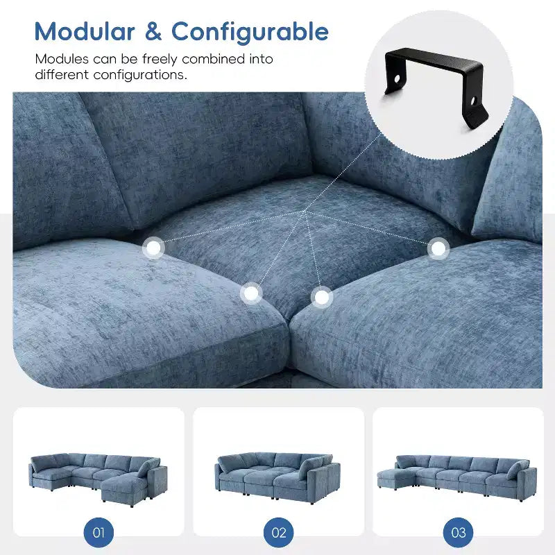 GDFStudio Hudson Canapé modulable d'angle 6 places moderne en chenille convertible en lit en forme de U avec pouf