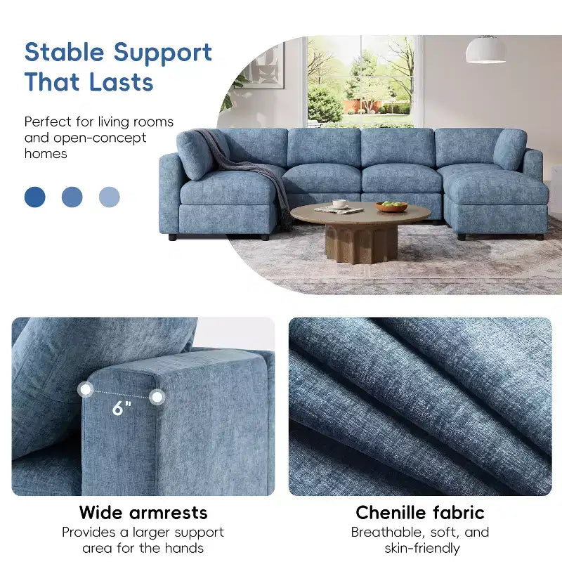 GDFStudio Hudson Canapé modulable d'angle 6 places moderne en chenille convertible en lit en forme de U avec pouf