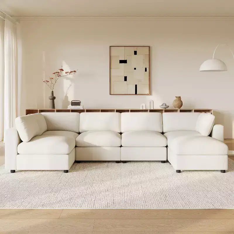 GDFStudio Hudson Canapé modulable d'angle 6 places moderne en chenille convertible en lit en forme de U avec pouf
