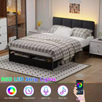 Cadre de lit double rembourré Qwatto avec lumières LED, station de charge, 2 tiroirs de rangement, lit plateforme sans sommier, mobilier de chambre moderne
