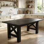 Table de salle à manger de ferme de 180 cm pour 6 à 8 personnes, table de cuisine rectangulaire en bois avec un piètement tréteau robuste pour les réunions de famille