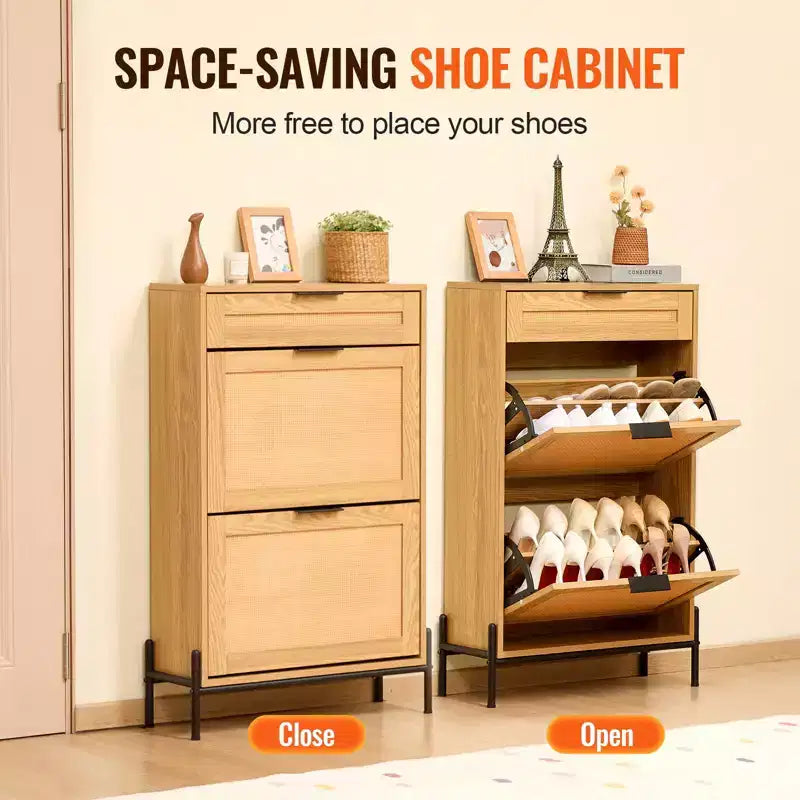 Meuble à chaussures étroit en rotin avec 2 tiroirs basculants, tiroir coulissant et pieds en métal, style bohème, peut contenir 12 paires de chaussures