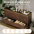 Commode de Chambre à 7 Tiroirs, Commode Canelée de 137 cm de Large, Meuble de Rangement en Bois, Design Courbé, Meuble TV avec Poignées Métalliques Dorées