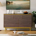 Commode de Chambre à 7 Tiroirs, Commode Canelée de 137 cm de Large, Meuble de Rangement en Bois, Design Courbé, Meuble TV avec Poignées Métalliques Dorées