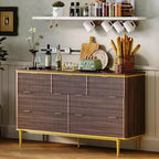 Commode de Chambre à 7 Tiroirs, Commode Canelée de 137 cm de Large, Meuble de Rangement en Bois, Design Courbé, Meuble TV avec Poignées Métalliques Dorées