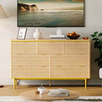 Commode de Chambre à 7 Tiroirs, Commode Canelée de 137 cm de Large, Meuble de Rangement en Bois, Design Courbé, Meuble TV avec Poignées Métalliques Dorées