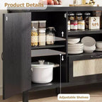 Meuble Buffet, Bahut de Rangement en Rotin de 150 cm avec Étagères Réglables et Tiroir, Noir Style Bohème Ferme