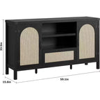 Meuble Buffet, Bahut de Rangement en Rotin de 150 cm avec Étagères Réglables et Tiroir, Noir Style Bohème Ferme