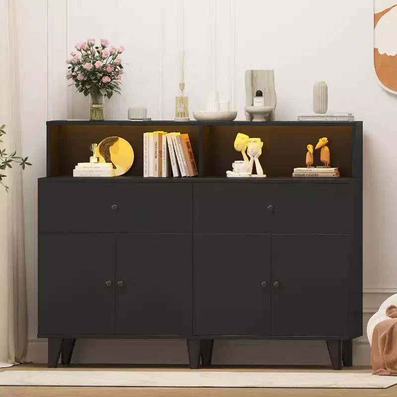 Storage Cabinet, Coffee Bar Station Table with Drawers and Adjustable Shelves, Freestanding Pantry Cabinet Cupboard Hutch for Living Room, Kitchen