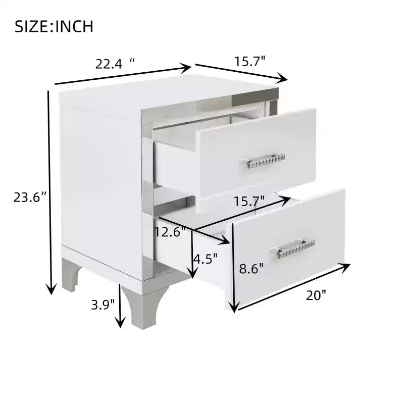 Table de chevet moderne laquée brillante avec 2 tiroirs, élégante table de chevet avec pieds et poignées en métal - Panipeachy