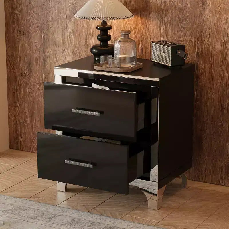 Table de chevet moderne laquée brillante avec 2 tiroirs, élégante table de chevet avec pieds et poignées en métal - Panipeachy