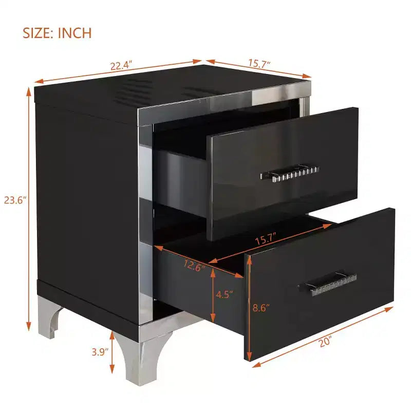 Table de chevet moderne laquée brillante avec 2 tiroirs, élégante table de chevet avec pieds et poignées en métal - Panipeachy