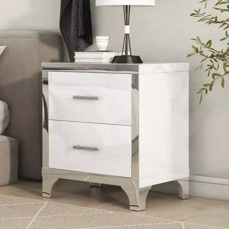 Table de chevet moderne laquée brillante avec 2 tiroirs, élégante table de chevet avec pieds et poignées en métal - Panipeachy
