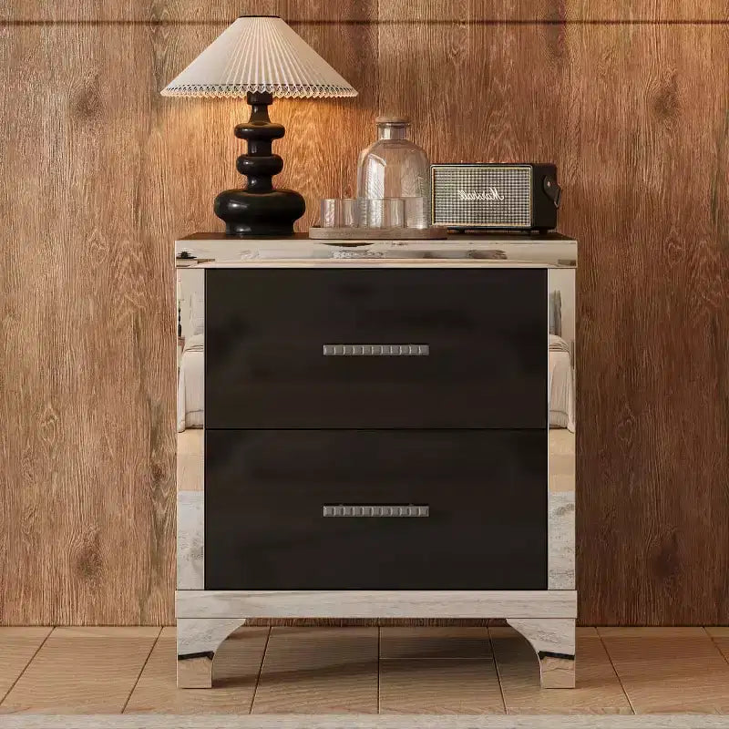 Modern High Gloss Nightstand with 2 Drawers, Elegant Bedside Table with Metal Legs and Handles - Panipeachy