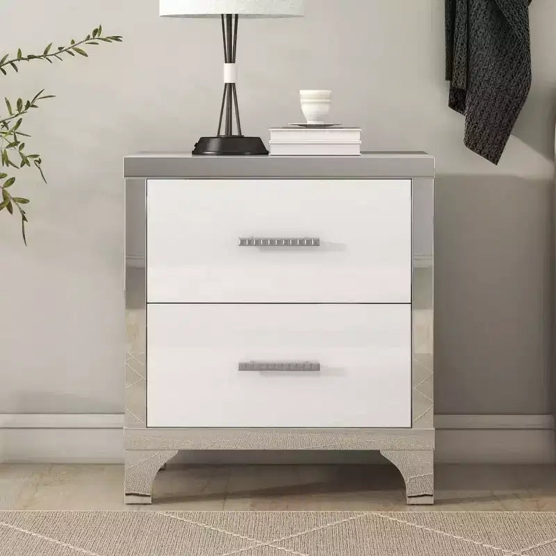 Table de chevet moderne laquée brillante avec 2 tiroirs, élégante table de chevet avec pieds et poignées en métal - Panipeachy