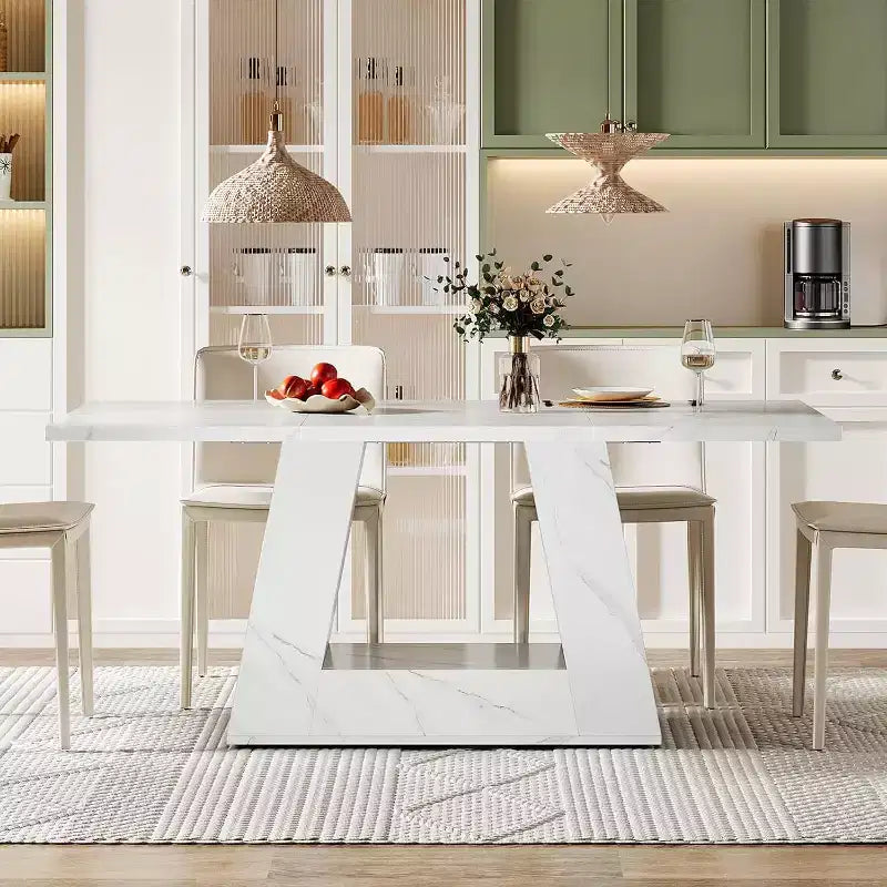 Table à manger Lantine pour 4 à 6 personnes, table de salle à manger rectangulaire moderne en bois et faux marbre de 160 cm avec base robuste pour cuisine, salon