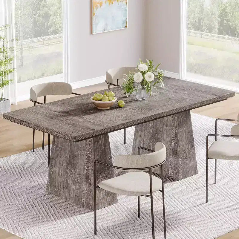 Table à manger Lantine pour 6 personnes, table de cuisine rectangulaire en bois style ferme avec double piédestal, 160 cm (L) x 80 cm (l) x 76 cm (H), Gris