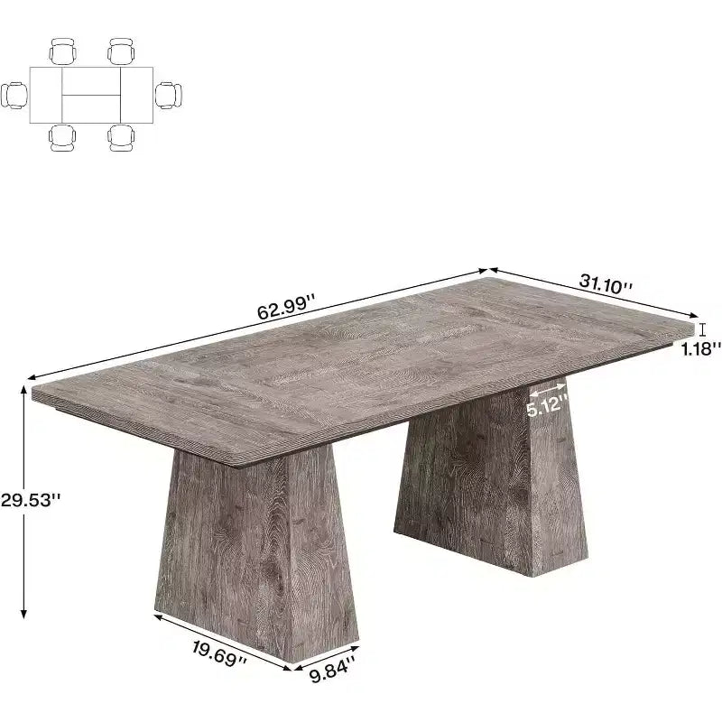 Table à manger Lantine pour 6 personnes, table de cuisine rectangulaire en bois style ferme avec double piédestal, 160 cm (L) x 80 cm (l) x 76 cm (H), Gris