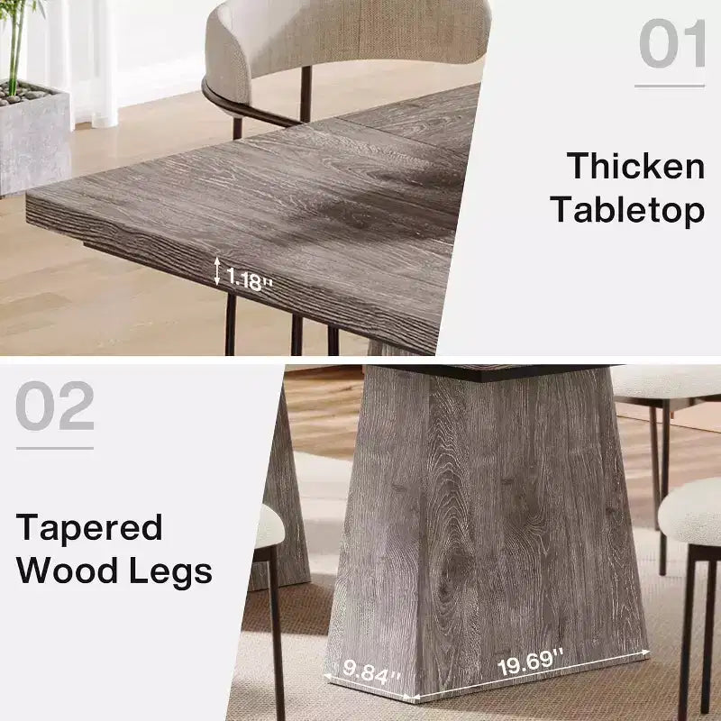 Table à manger Lantine pour 6 personnes, table de cuisine rectangulaire en bois style ferme avec double piédestal, 160 cm (L) x 80 cm (l) x 76 cm (H), Gris