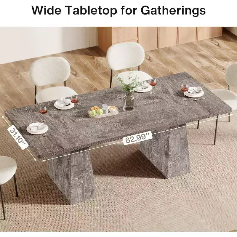 Table à manger Lantine pour 6 personnes, table de cuisine rectangulaire en bois style ferme avec double piédestal, 160 cm (L) x 80 cm (l) x 76 cm (H), Gris