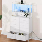 Commode, commode intelligente avec 11 tiroirs en tissu, station de recharge intégrée et RVB contrôlable par application, style industriel blanc
