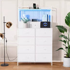 Commode, commode intelligente avec 11 tiroirs en tissu, station de recharge intégrée et RVB contrôlable par application, style industriel blanc