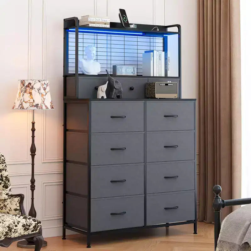 Commode, commode intelligente avec 11 tiroirs en tissu, station de recharge intégrée et RVB contrôlable par application, style industriel blanc