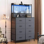 Commode, commode intelligente avec 11 tiroirs en tissu, station de recharge intégrée et RVB contrôlable par application, style industriel blanc