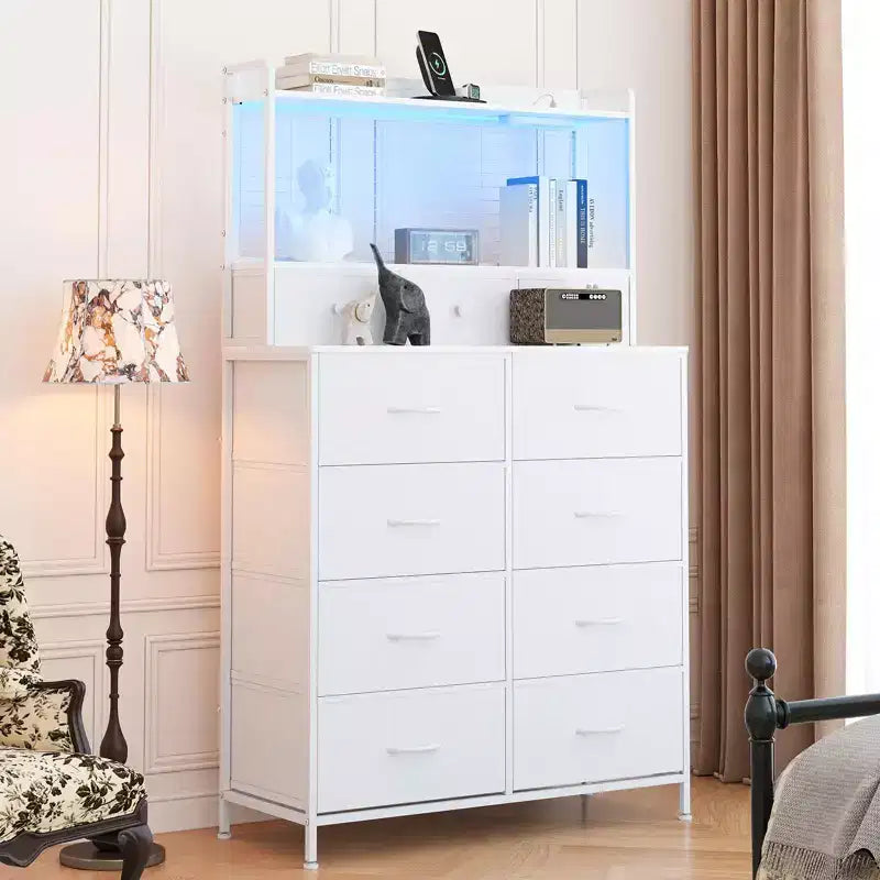 Commode, commode intelligente avec 11 tiroirs en tissu, station de recharge intégrée et RVB contrôlable par application, style industriel blanc