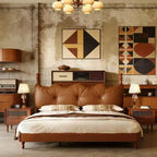 Queen/King Bed Frame PU Leather Platform Bed with Button-Tufted Wave Headboard, Mid-Century Modern & Vintage, Coffee - ModernLuxe