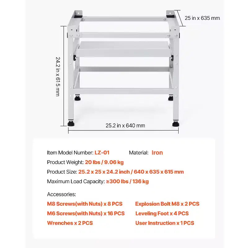 Support pour machine à laver VEVOR, socle pour laveuse 123 x 63,5 cm, capacité de charge de 267 kg, 4 pieds réglables, argenté