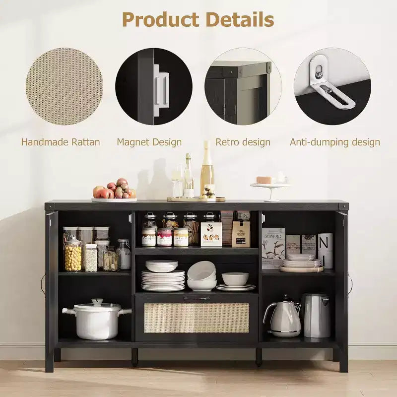 47 Armoire buffet en rotin style bohème avec étagères réglables et portes en canne arquées, buffet de rangement pour cuisine, salle à manger, salon et entrée