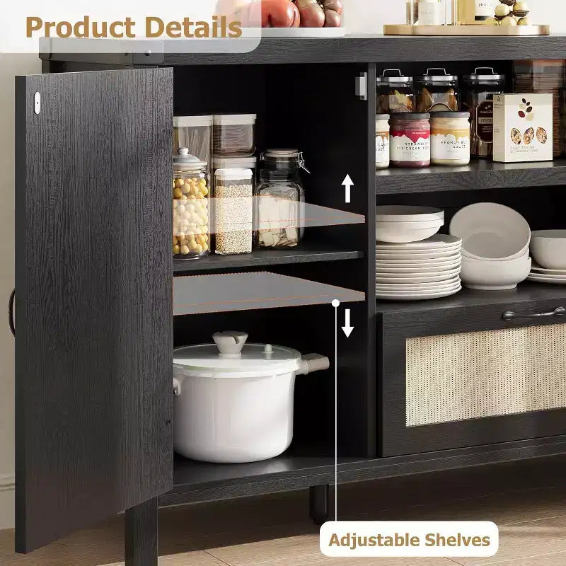 47 Armoire buffet en rotin style bohème avec étagères réglables et portes en canne arquées, buffet de rangement pour cuisine, salle à manger, salon et entrée