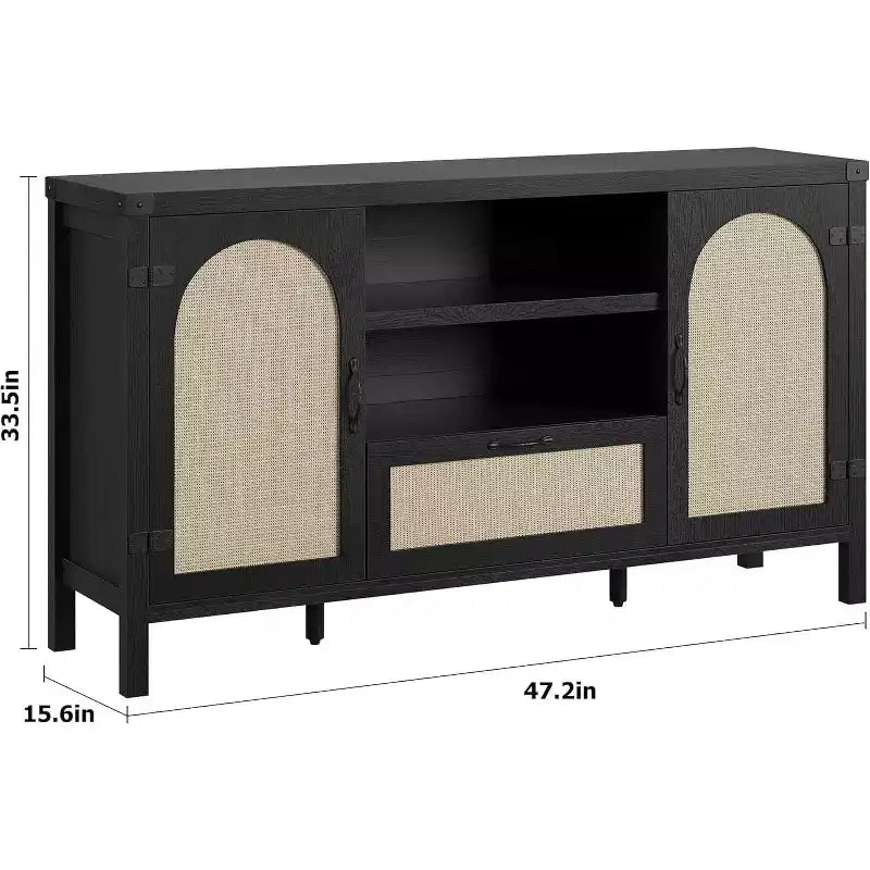 47 Armoire buffet en rotin style bohème avec étagères réglables et portes en canne arquées, buffet de rangement pour cuisine, salle à manger, salon et entrée