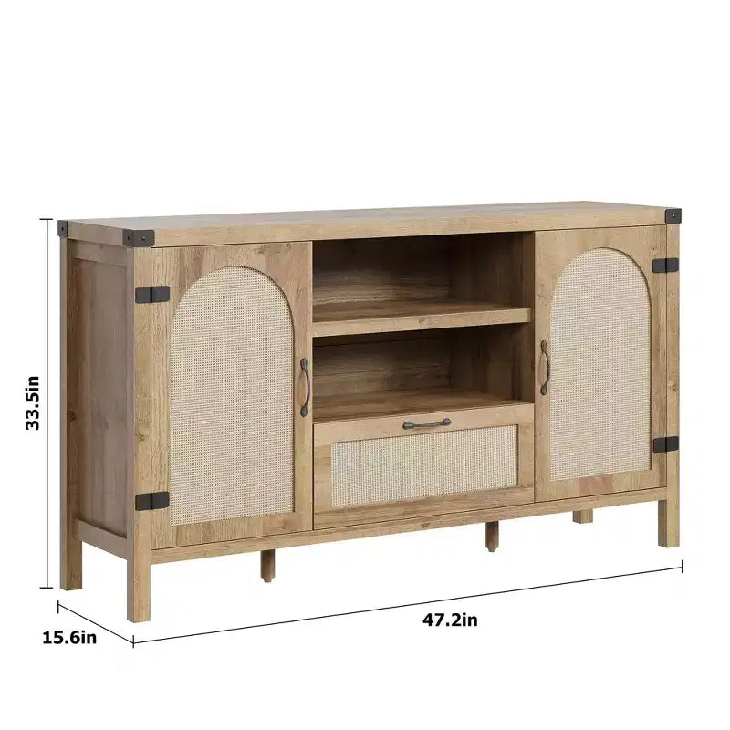 47 Armoire buffet en rotin style bohème avec étagères réglables et portes en canne arquées, buffet de rangement pour cuisine, salle à manger, salon et entrée