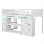 Lit mezzanine double Costway avec lumières LED, espace sous le lit, tiroirs, étagères, échelle Gris/Blanc