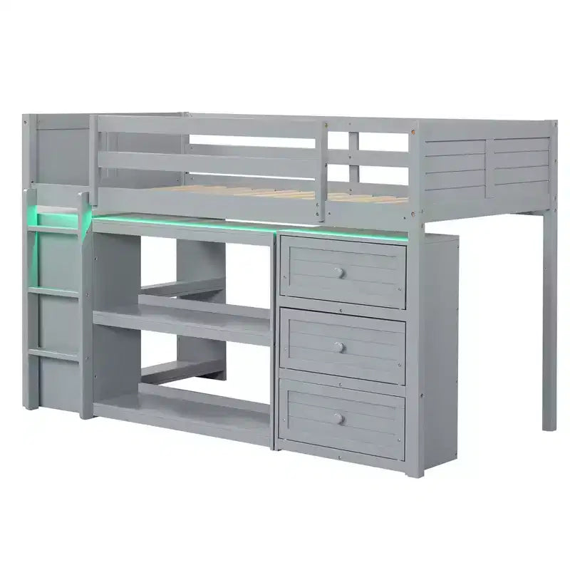 Lit mezzanine double Costway avec lumières LED, espace sous le lit, tiroirs, étagères, échelle Gris/Blanc