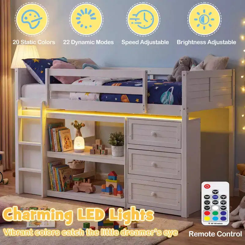 Lit mezzanine double Costway avec lumières LED, espace sous le lit, tiroirs, étagères, échelle Gris/Blanc