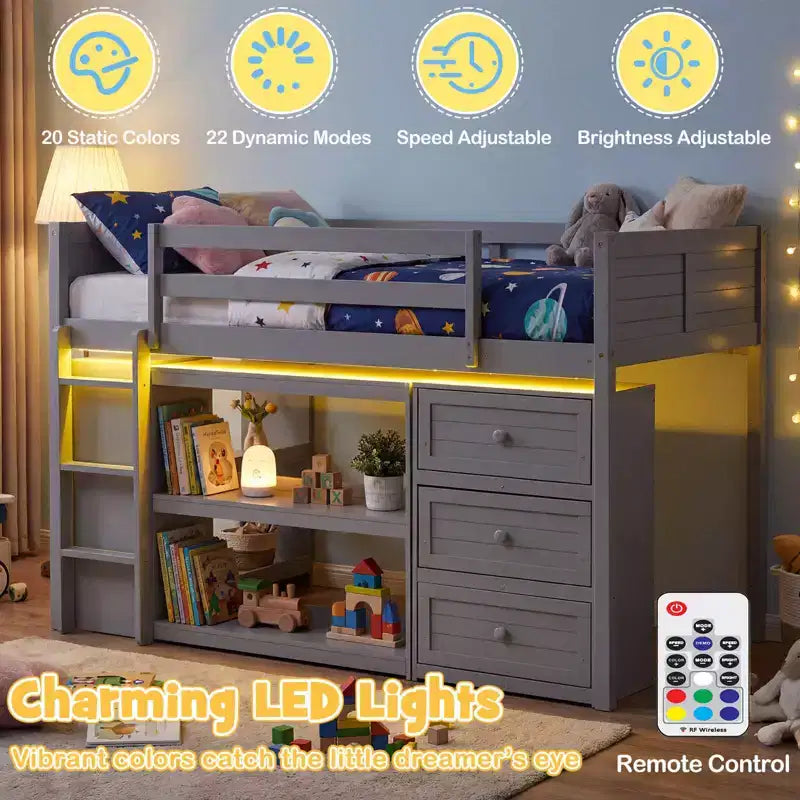 Lit mezzanine double Costway avec lumières LED, espace sous le lit, tiroirs, étagères, échelle Gris/Blanc