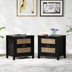 TYBOATLE Lot de 2 tables de chevet en rotin avec station de charge sans fil, tables d'appoint modernes du milieu du siècle avec 2 tiroirs tressés bohèmes, tables de chevet en bois