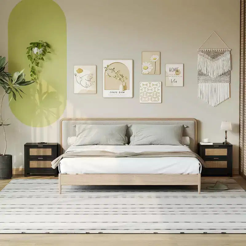TYBOATLE Lot de 2 tables de chevet en rotin avec station de charge sans fil, tables d'appoint modernes du milieu du siècle avec 2 tiroirs tressés bohèmes, tables de chevet en bois