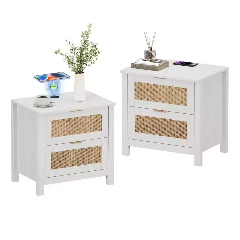 TYBOATLE Lot de 2 tables de chevet en rotin avec station de charge sans fil, tables d'appoint modernes du milieu du siècle avec 2 tiroirs tressés bohèmes, tables de chevet en bois