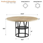 Table à manger ronde pour 4-6 personnes, table de cuisine circulaire de 120 cm avec étagère de rangement et cadre métallique robuste, table de dîner moderne pour cuisine, salon, bureau