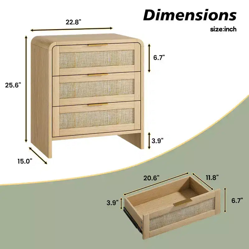 Lot de 2 tables de chevet en rotin avec 3 tiroirs, tables de nuit incurvées de 58 cm, meuble de rangement de chambre à coucher de style moderne du milieu du siècle - Panipeachy