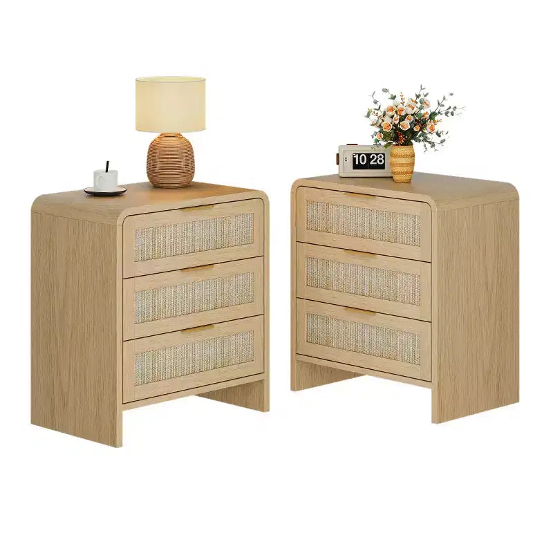 Lot de 2 tables de chevet en rotin avec 3 tiroirs, tables de nuit incurvées de 58 cm, meuble de rangement de chambre à coucher de style moderne du milieu du siècle - Panipeachy