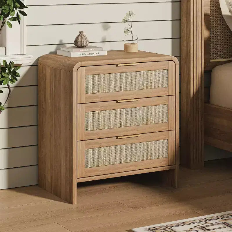 Lot de 2 tables de chevet en rotin avec 3 tiroirs, tables de nuit incurvées de 58 cm, meuble de rangement de chambre à coucher de style moderne du milieu du siècle - Panipeachy